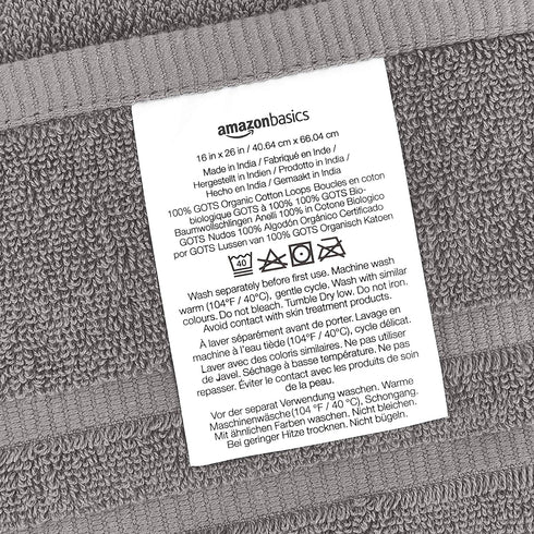 Amazon Basics GOTS Certified Organic Cotton Hand Towel - 6-Pack, Stone Gray