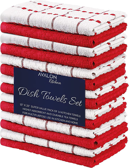 Avalon Kitchen Towels Set (Value Pack of 14) 15x25 Inch 100% Ring Spun Cotton Dish Towels Absorbent, Soft and Reusable Tea Towels, Bar Towels for Multipurpose use in Kitchen and Home (Red)
