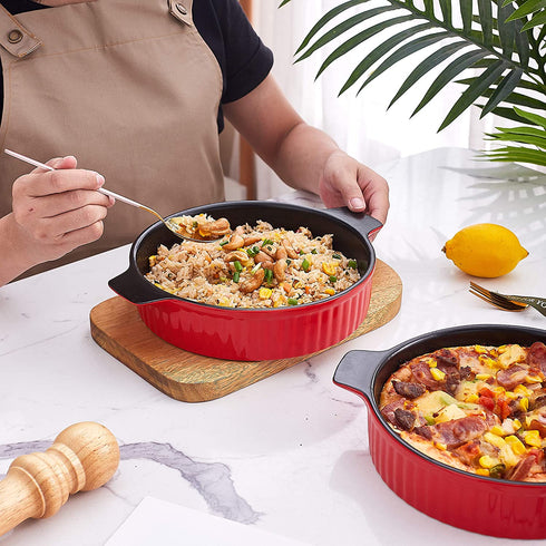 Bruntmor Set Of 2 Modern Ceramic Pie Pan, 8" Tart Pan Round Pie Plate Baking Dish 2" Deep, Elagent Ribbed Design, Red