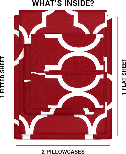 Utopia Bedding Printed Queen Sheet Set - 1 Fitted Sheet, 1 Flat Sheet and 2 Pillowcases - Soft Brushed Microfiber Fabric - Shrinkage and Fade Resistant (Queen, Burgundy Quatrefoil with White Pattern)