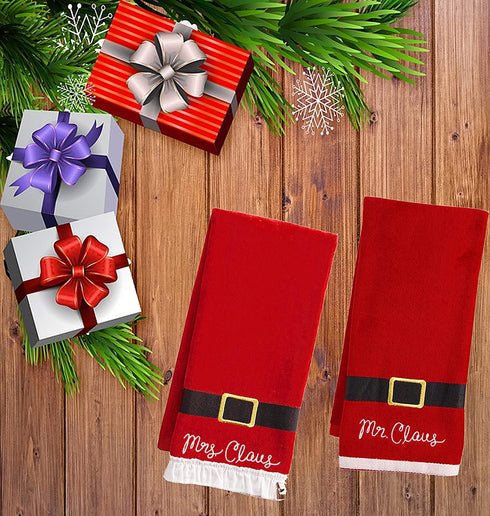 St. Nicholas Square Christmas Towels, Red Bath Hand Towel Set of 2, Mr. & Mrs. Claus with Santa Belt Decorative Design 25 x 16 Inches Bathroom Decorating for The Holidays
