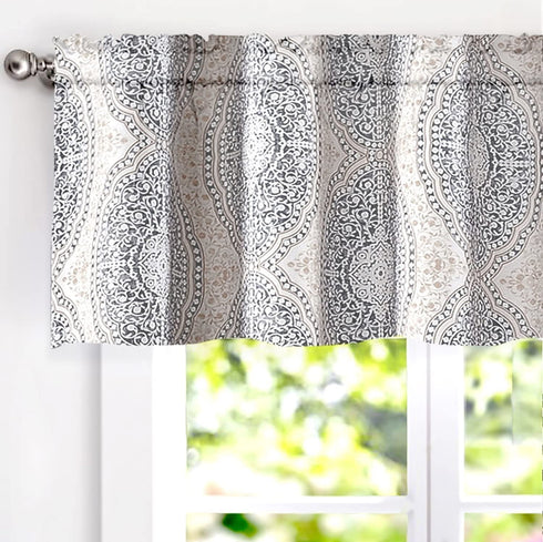 DriftAway Adrianne Damask and Floral Pattern Window Curtain Valance 52 Inch by 20 Inch Beige and Gray