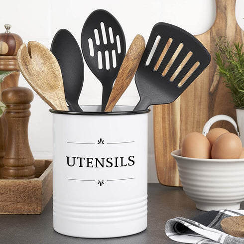 Baie Maison Large Kitchen Utensil Holder for Countertop - Farmhouse Kitchen Tools Storage Organizer Utensil Crock - White Cooking Utensil Holder for Kitchen Counter - Utensil Caddy Jar Spatula Holder