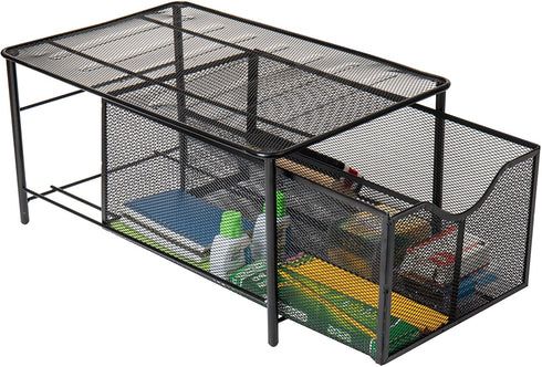 Mind Reader 'CABASKDR' Black Metal Mesh Storage Basket with Sliding Drawer and Steel Mesh Platform On Top