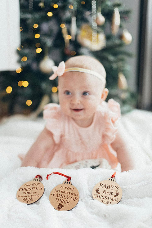 Heart's Sign Set of 3 Babys First Christmas Ornament 2021 | My First Christmas Baby Ornament | Our First Christmas as Mom & Dad Engraved Family Ornament | My First Christmas Tree