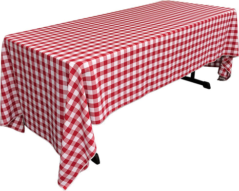 LA Linen Polyester Gingham Checkered Rectangular Tablecloth, 60" x 144", White/Red