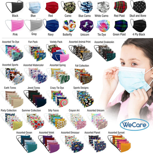 WeCare Disposable Face Masks For Kids, 50 Printed Masks, Individually Wrapped