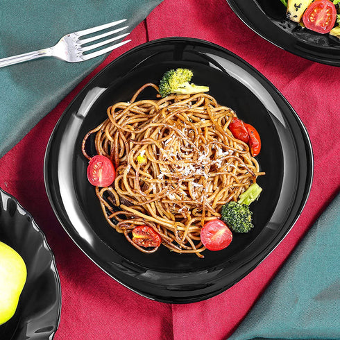Wareland Black Glass Dinner Plates Set of 4, 20 oz Square Pasta Salad Plate, 8.45 inch Soup Plates with Fun Angles, Serving Dishes for Appetizer Dessert Chip,Scratch Resistant , Microwave Safe