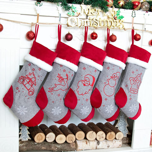 LUBOT Set of 5 Christmas Stockings (21inch) Embroidered Burlap Applique Flannel with Faux Fur Fireplace Hanging for Family Decorations Xmas Gift