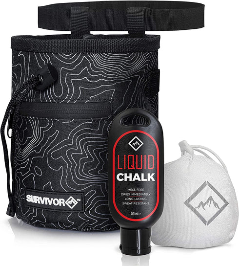 SURVIVOR Chalk Bag + Refillable Chalk Ball + Liquid Chalk - Draw String & 2 Zippered Pockets - Black Chalk Bag for Rock Climbing, Bouldering, Weightlifting with Hand Chalk Accessories for Extra Grip