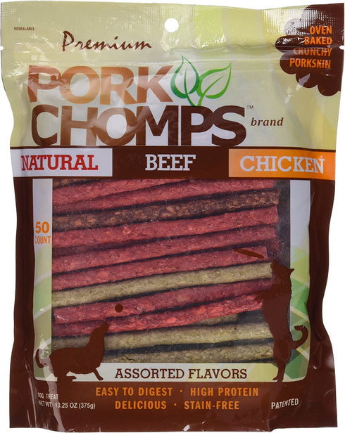 Pork Chomps Dog Chews, 5-inch Munchy Sticks, Assorted Flavors, 50 Count