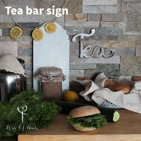 Way Of Hearts - Stainless Steel Metal Tea Sign for Kitchen Wall Decor - 7.4" x 4.9" Polished Silver Kitchen Wall Art - Decoration for Tea and Coffee Station - Including hardware set