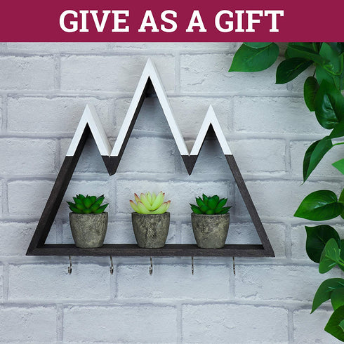 Leivo Mountain Shelf with Key Holders | Decorative Key Holder for Wall and Floating Shelf for Mountain Decor in Entryway, Kitchen, Bedroom, Nursery and Cabin | Key Hangers and Wall Jewelry Organizer