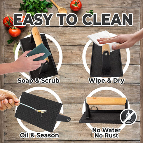 Shop Square 8 Cast Iron Grill Press, Pre-Seasoned Burger Press and Steak Weight with Cool-Touch Comfort-Grip Wood Handle - BBQ Accessories for Griddle, Outdoor Grill, Panini, Tortilla