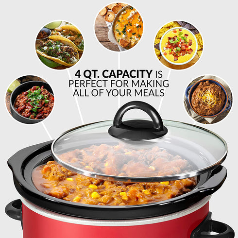 Taco Tuesday 4-Quart Fiesta Slow Cooker With Tempered Glass Lid, Cool-Touch Handles, Removable Round Ceramic Pot, Red