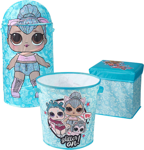 Idea Nuova LOL Surprise 3 Piece Collapsible Storage Set with Collapsible Ottoman, Bin and Figural Dome Pop Up Hamper, Aqua