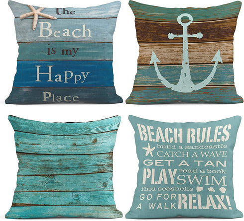 Emvency Set of 4 Throw Pillow Covers Summer Blue Ocean Theme Wood Grain Nautical Coastal Starfish Beach Navy Anchor Decorative Pillow Cases Home Decor Square 18x18 Inches Pillowcases
