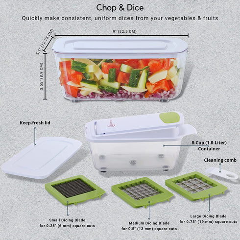 Brieftons QuickPush Food Chopper: Strongest & 200% More Container Capacity, 30% Heavier Duty, Kitchen Vegetable Fruit Dicer, Onion Tomato Potato Fries Cutter, with 3 Dicing Blades & Keep-Fresh Lid