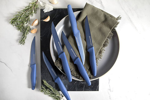 Nutriblade 6-Piece Steak Knives Set by Granitestone Stainless Steel Serrated Blades with Comfortable Handles Dishwasher-safe Rust-proof Steak Knife For Home and Restaurant Use As Seen On TV (Blue)