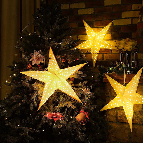 Paper Star Lantern, 8 Mode 50 LEDs Firework Fairy String Lights, Light up Hollow Out Star Hanging Decoration for Indoor Outdoor Room Wedding Christmas Party (Chic Style)