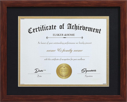 ELSKER&HOME 8.5x11 Certificate Frame - Classic Coffee Color Frame - Displays Diploma 8.5x11 Inch with Mat - 11x14 Inch Without Mat - For Document/Photo(One Pack - Matte Black with Gold Rim)