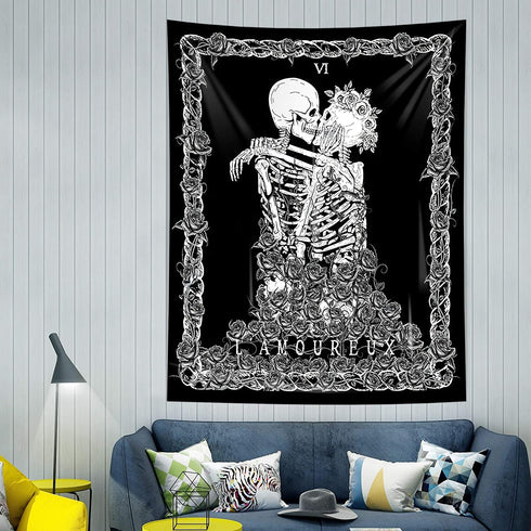 Skeleton Wall Tapestry for Bedroom,Black Skull Kissing Lovers Tapestry Wall Hanging,Romantic Tarot Tapestry for Room, Living Room Dorm Decoration?82.7" x 59.1"