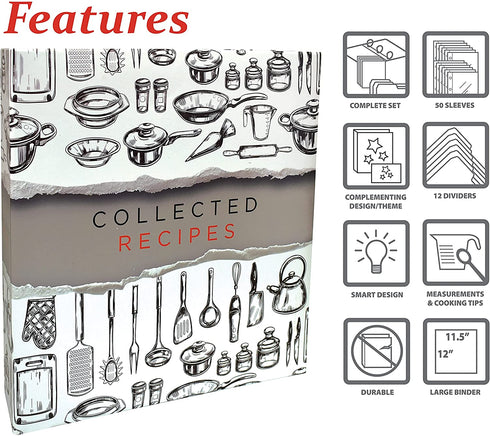 Recipe Binder, Full Page 3 Ring Standard Binder Organizer Set (with 50 Page Protectors & 12 Category Divider Tabs) by Better Kitchen Products, 11.5" x 12" Sleek Kitchen Design