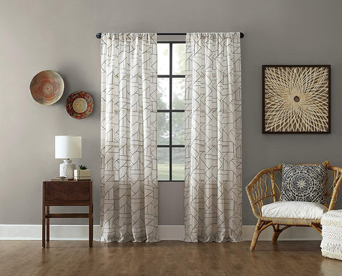 Archaeo Fragmented Geometric Embroidery Mid-Century Modern Natural Blend Curtain, 50 in x 84 in Panel, Gray/Linen