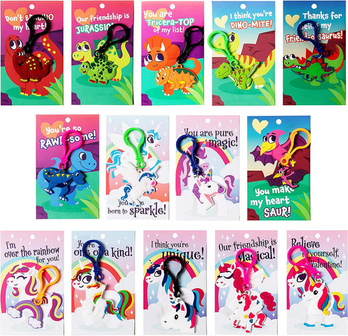 JOYIN 28 Packs Unicorn Dinosaur Keychain with Cards for Kids Party Favor, Classroom Exchange Prizes, Valentine™s Greeting Cards, Valentine Party Favors, Valentine Exchange Gifts
