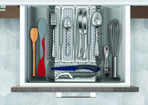 Spectrum Hexa 5-Divider Expandable Silverware Tray, Buildup-Resistant Kitchen Drawer Organizer & Utensil Holder With Locking Expandable Wings, Easy-to-Clean Modern Kitchen Storage & Cutlery Tray Clear