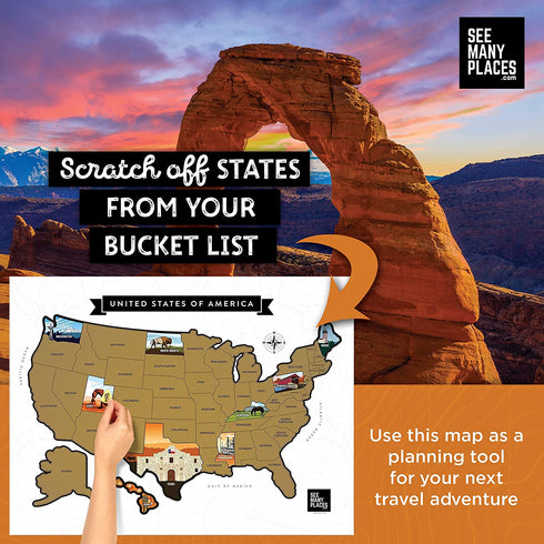 See Many Places Scratch Off Map of the United States - 28x22in Frameable Poster-Travel Map with Custom State Pictures & Gold Foiling, White
