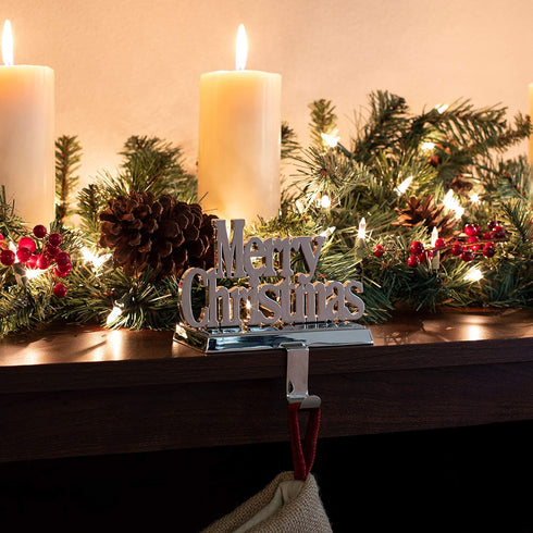 BIRDROCK HOME Merry Christmas Stocking Holder for Mantle - Christmas Decorations - Holiday Greetings - Mantle Fireplace Topper - Decorative Metal Hanger for Stockings - Home D©cor