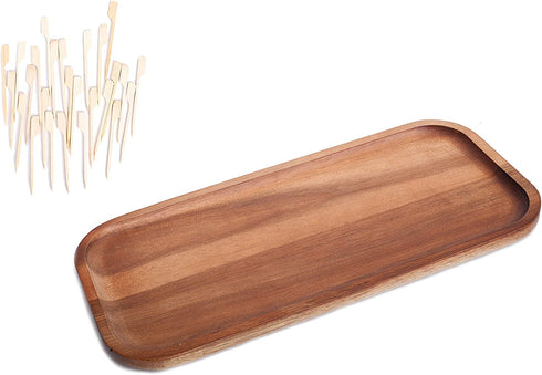 Wood Serving Platter Tray Plate, Wooden Steak Plates, Set of 1 Small Wood Tray + 50 Paddle Picks, Solid Natural Rectangular Acacia Board for Food Party Cheese Appetizer, Avoid Sliding and Spilling