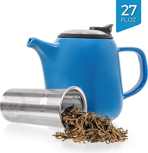 Tealyra - Daze Ceramic Teapot in Blue - 27-ounce (2-3 cups) - Small Stylish Ceramic Teapot with Stainless Steel Lid and Extra-Fine Infuser To Brew Loose Leaf Tea