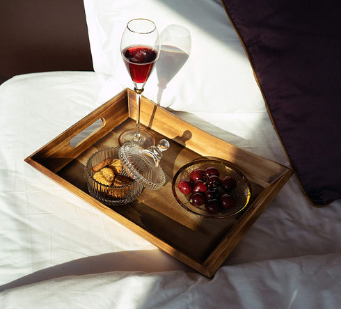 EZDC Coffee Table Tray, Wooden Tray, Ottoman Tray Light Brown 16 x 12 Modern Aesthetic Decorative Serving Tray with Handles for Drinks and Food