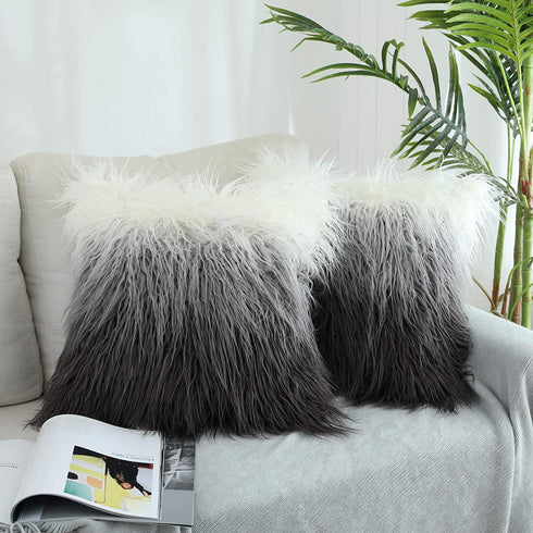 Kevin Textile Set of 2 Decorative New Luxury Series Merino Style Fur Throw Pillow Case Cushion Cover 18" x 18" 45cm x 45cm Gradient Black