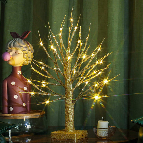 Brightdeco Lighted Gold Glitter Birch Tree 18" H 36 LED Artificial Bonsai Lamp Money Tree for Indoor Use Great Décor for Home Bedroom Halloween Thanksgiving Christmas Easter Wedding Party Warm White