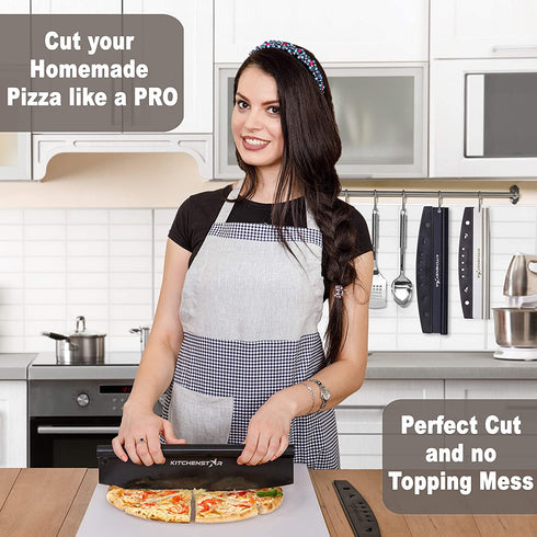 14? Black Non-Stick Pizza Cutter by KitchenStar | Sharp Stainless Steel Slicer Knife - Rocker Style w Blade Cover | Chop and Slices Perfect Portions + Dishwasher Safe Premium Pizza Oven Accessories