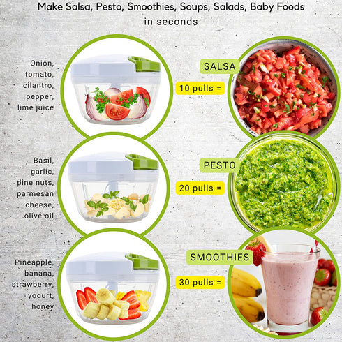 Brieftons Manual Food Chopper, Compact & Powerful Hand Held Pull Vegetable Chopper Blender to Chop Fruits, Vegetables, Herbs, Onions, Garlics for Salsa, Salad, Pesto, Coleslaw, Puree, Indian Cooking