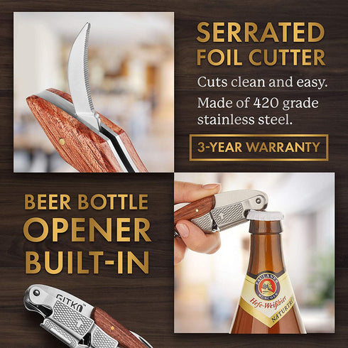 Wine Opener & Waiters Corkscrew-With a Comfortable Rosewood handle Wine And Beer Bottle Opener For Bartenders, Waiters, With A Wine Key Foil Cutter - With a Nice Pouch Included