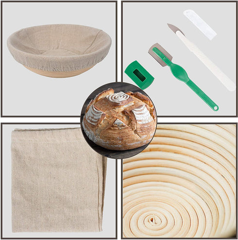 Banneton Bread Basket Sourdough Proofing Set Bread Bowl & Linen Liner Cloth + Lames Rattan Basket No Smell Bread Bag Included 10 Brotform for Homemade Bread