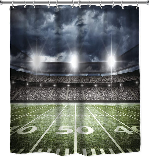 AMBZEK American Football Shower Curtain Boys Sports Bathroom Accessories 60Wx72L Men Masculine Shower Curtain Set Stadium Field Soccer Green Cloth Fabric Bathroom Decor Set with 12 Pack Hooks