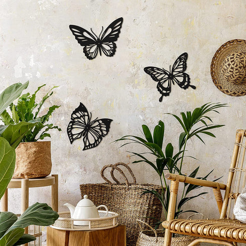 3 Pieces Butterfly Metal Wall Decor Black Butterfly Metal Wall Art Nature Butterfly Hanging Wall Decor for Modern Farmhouse Rustic Home Office Living Room Bathroom Bedroom Indoor Outdoor Decor