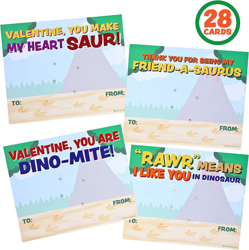 JOYIN 28-Count Valentines Day Gifts Cards, Valentine's Greeting Cards for Kids with Dinosaur Toys Valentine Classroom Exchange Party Favor Toy