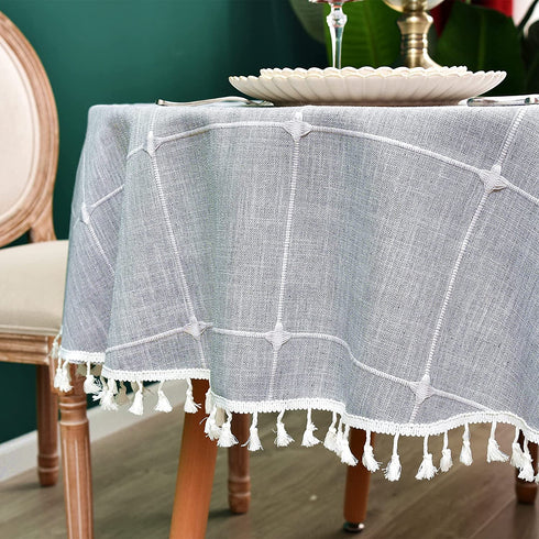 Monibana Plaid Farmhouse Gray Round Tablecloth 48 Inch Cotton Linen Heavy Weight Checkered Table Covers Cloths for Dining Room Kitchen Tabletop Decoration