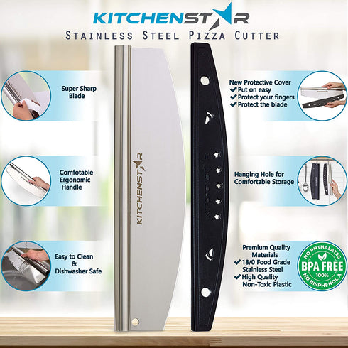 14 Pizza Cutter by KitchenStar | Sharp Stainless Steel Slicer Knife - Rocker Style w Blade Cover | Chop and Slices Perfect Portions + Dishwasher Safe Premium Pizza Oven Accessories