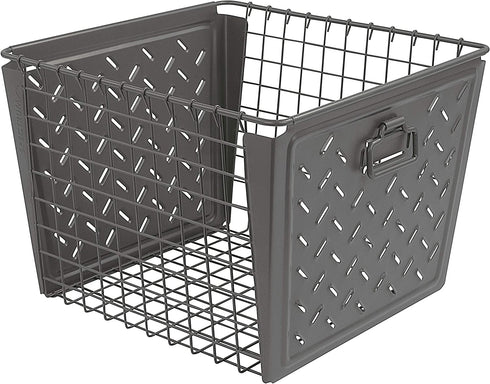 Spectrum Diversified Macklin, Stamped Steel & Wire Basket for Closet & Cubby Storage Vintage-Inspired Design with Customizable Label Plate, Large, Gray