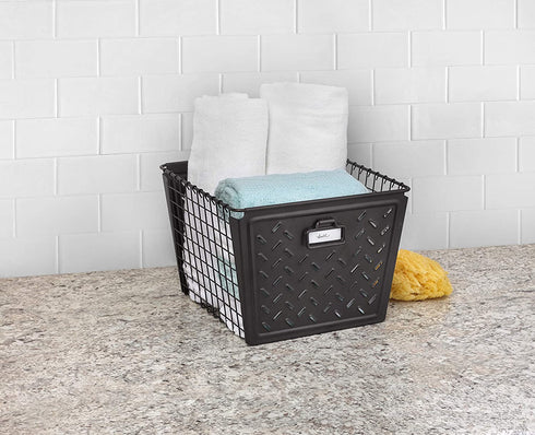 Spectrum Diversified Macklin, Stamped Steel & Wire Basket for Closet & Cubby Storage Vintage-Inspired Design with Customizable Label Plate, Large, Gray