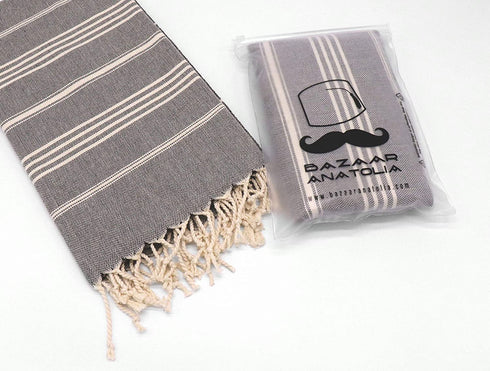 Bazaar Anatolia Slim Line Turkish Towel 100% Cotton Peshtemal Beach Towel 76x38 Thin Lightweight Travel Camping Bath Sauna Gym Pool Blanket Fouta Bridesmaid Gift Quick Dry Towels (Black)