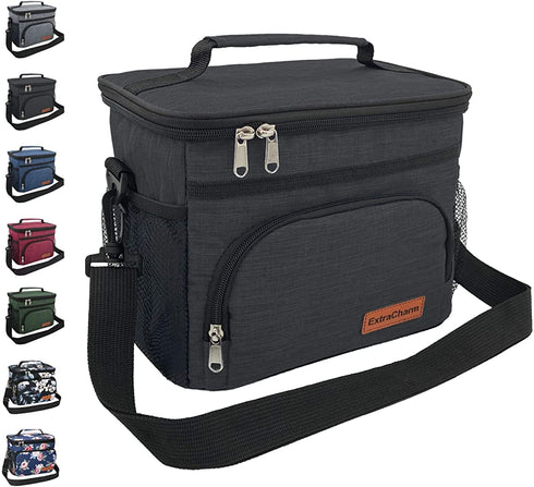 Insulated Lunch Bag for Women/Men - Reusable Lunch Box for Office Picnic Hiking Beach - Leakproof 12-Can Coke Cooler Tote Bag Organizer with Adjustable Shoulder Strap for Adults - Black